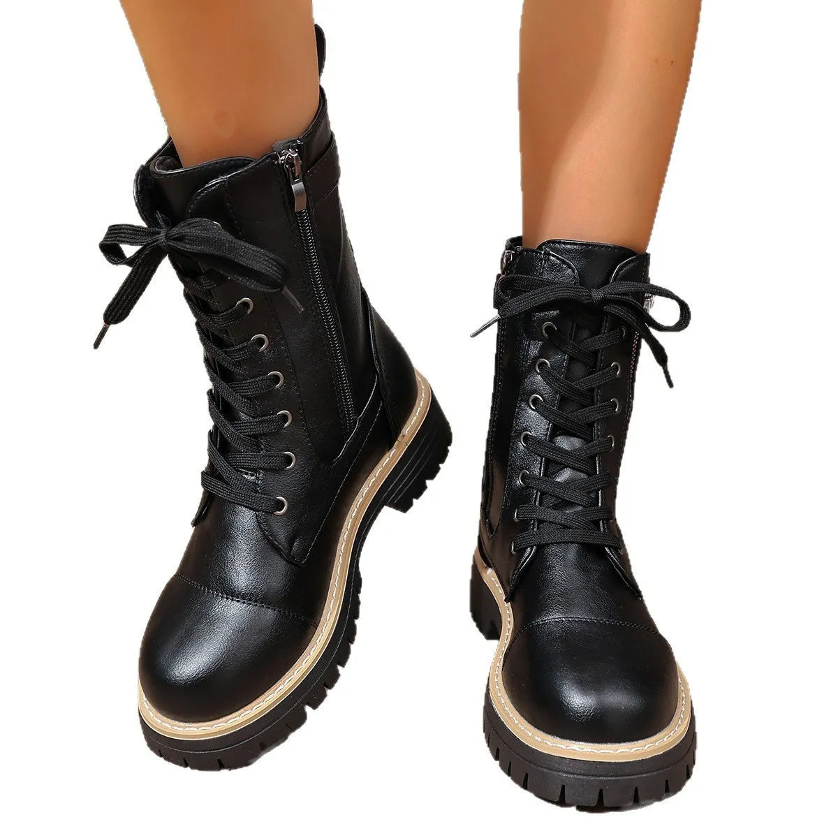 Women's solid colour cowhide low heel middle boots in black