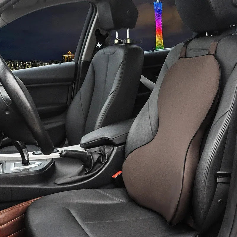 Memory cotton car cushion for lumbar support in black, coffee, grey, or off-white on a car seat.