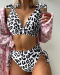 Women's purple leopard print high waist suit with lace-up sleeveless top and matching shorts