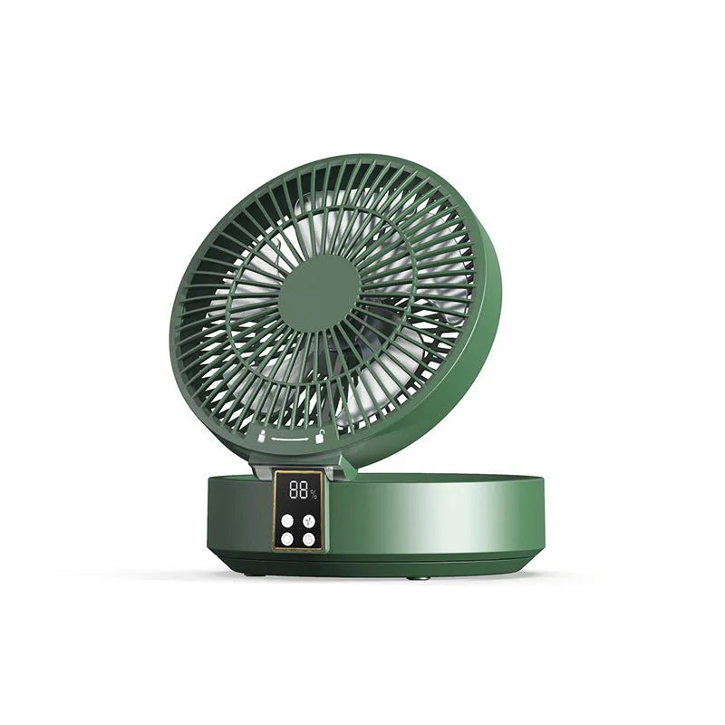 White portable folding fan with remote control on desk showing night light and adjustable angle