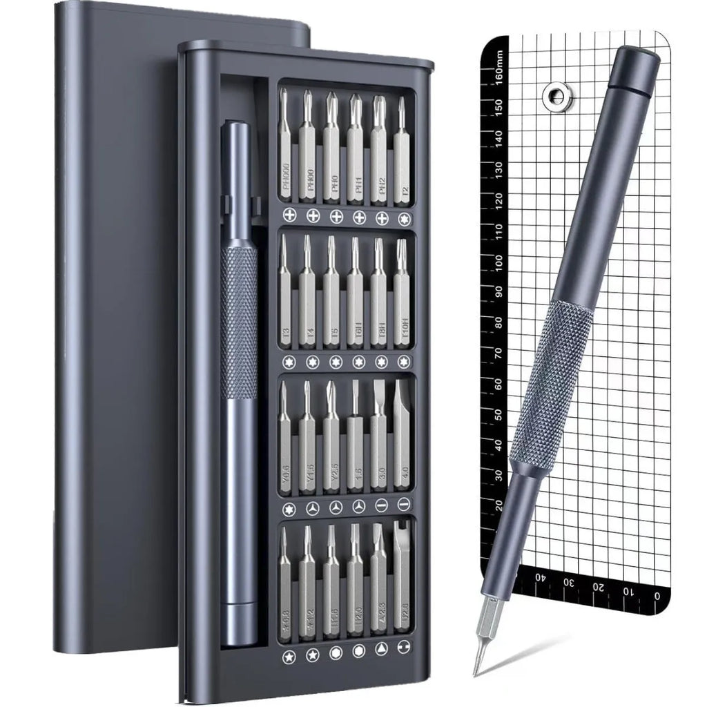 25-in-one screwdriver set with chrome vanadium steel magnetic bits and ABS handle on grey background
