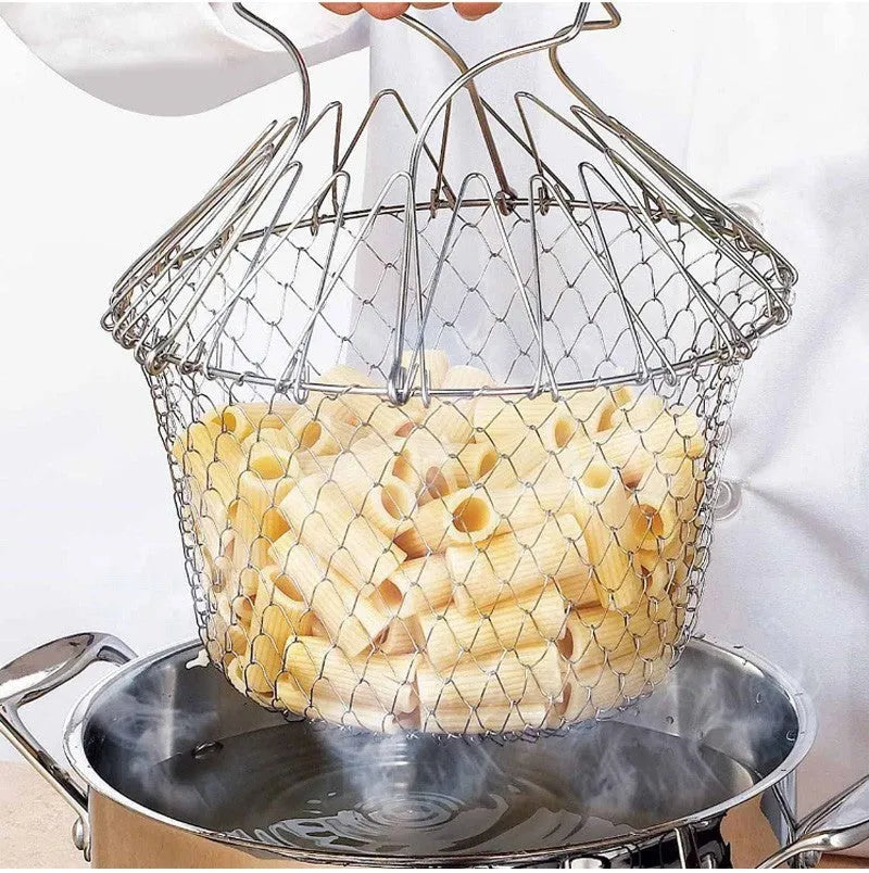 Stainless steel foldable deep fry basket with square grid design for kitchen use