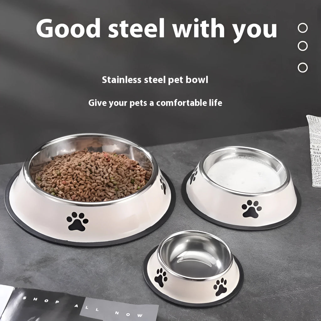 Non-slip stainless steel pet bowl in gray on a floor, size 22cm
