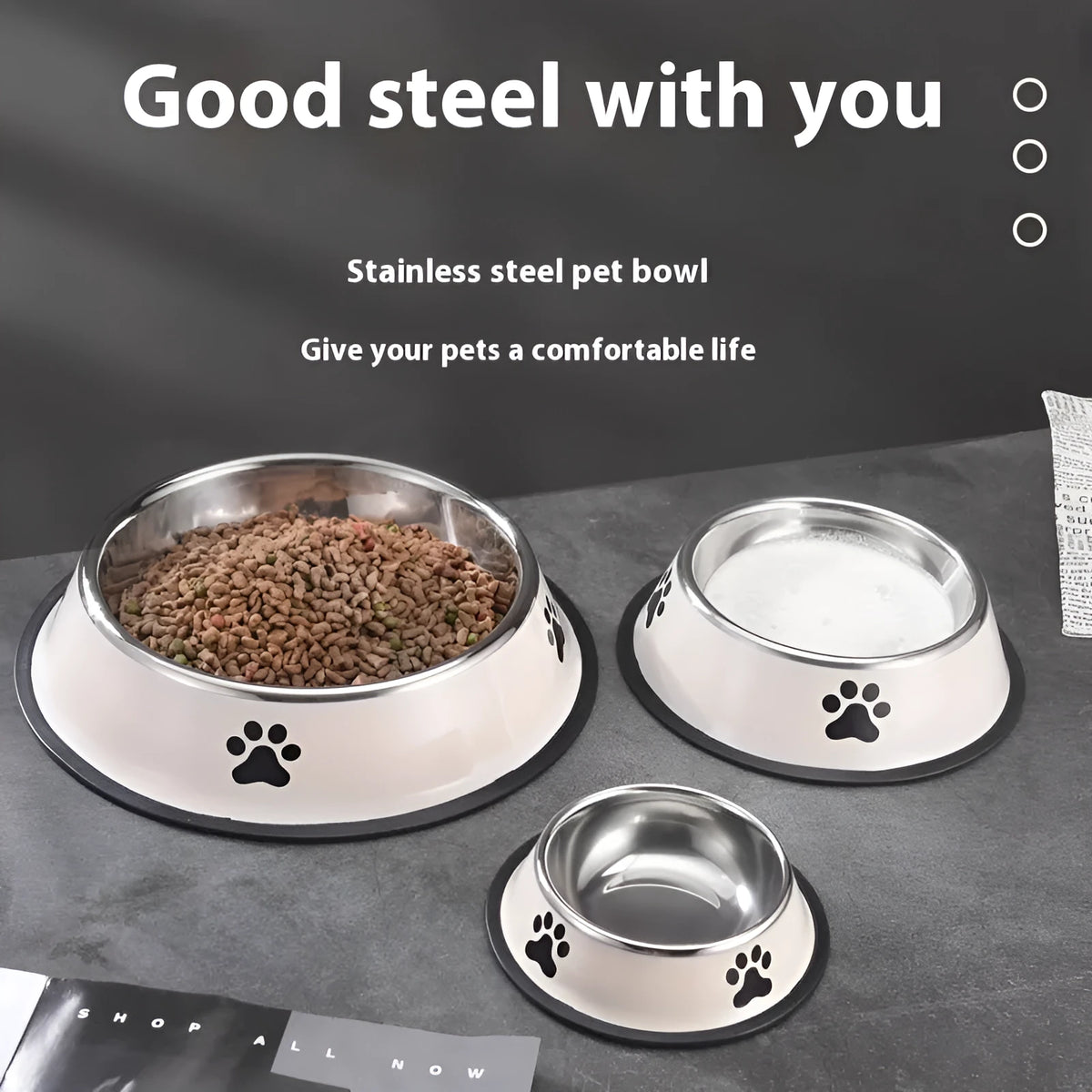 Non-slip stainless steel pet bowl in gray on a floor, size 22cm