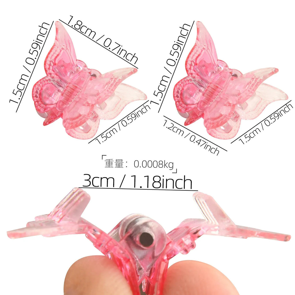 Set of 50 glitter butterfly hair claw clips in multiple colours showing mini size