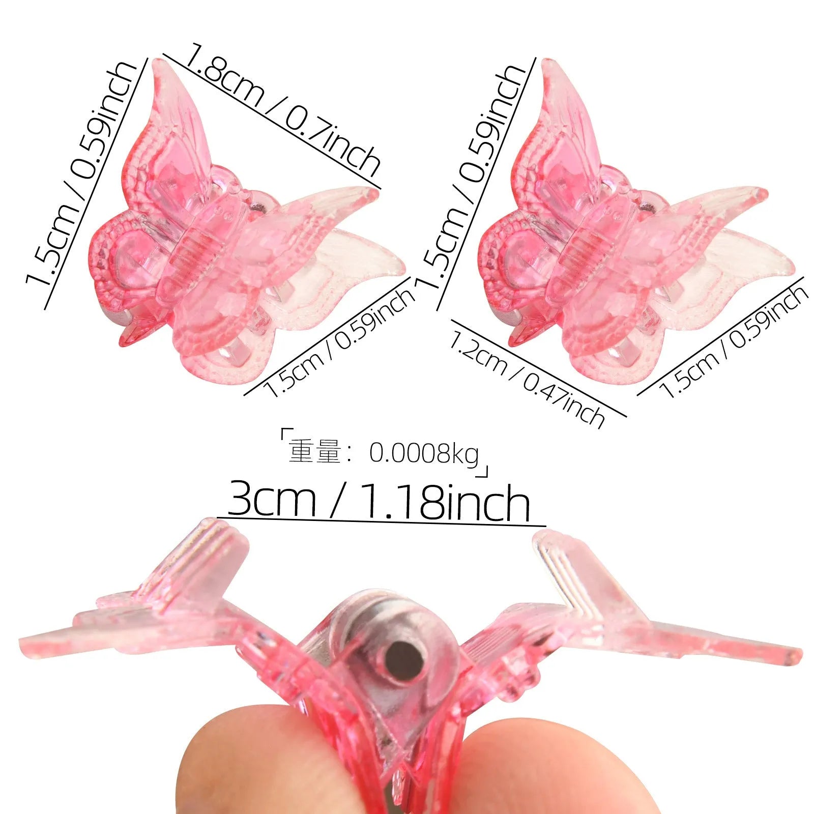 Set of 50 glitter butterfly hair claw clips in multiple colours showing mini size