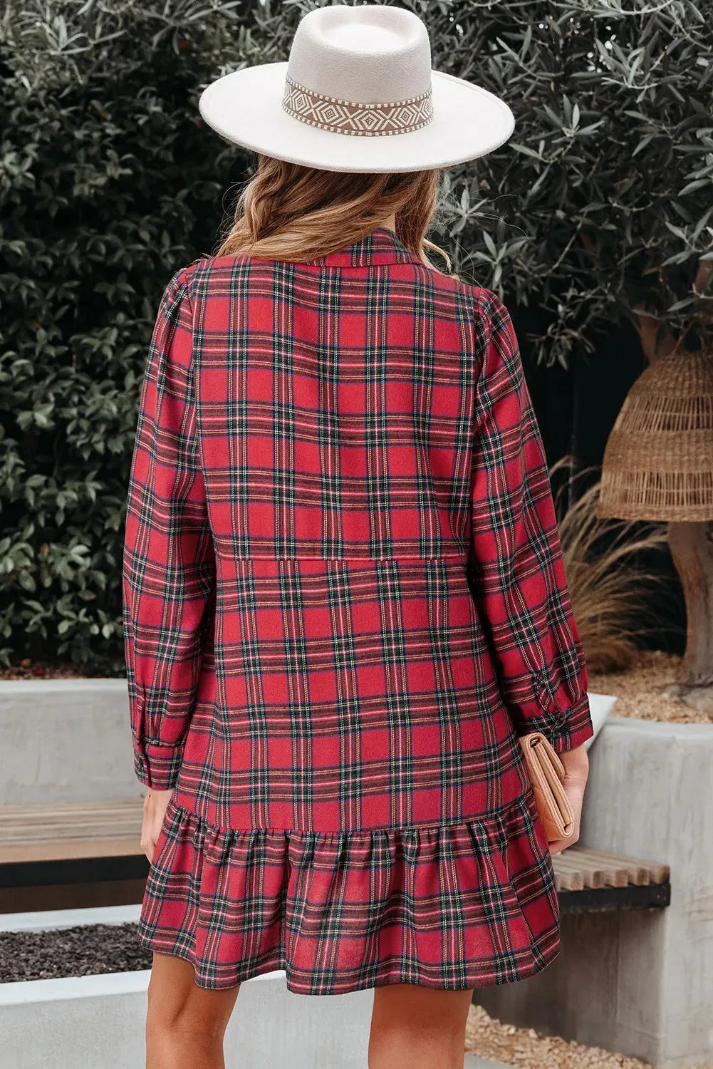 Red plaid shirt collar mini dress with half-button front and ruffle hem detail