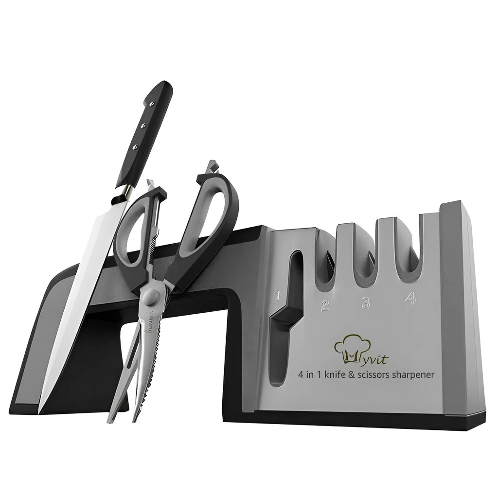 4-in-1 manual kitchen knife and scissor sharpener in black and red, showing multiple sharpening slots.