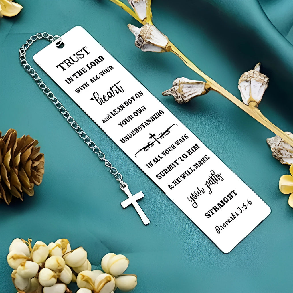 Stainless steel bookmark with engraved text in European style design