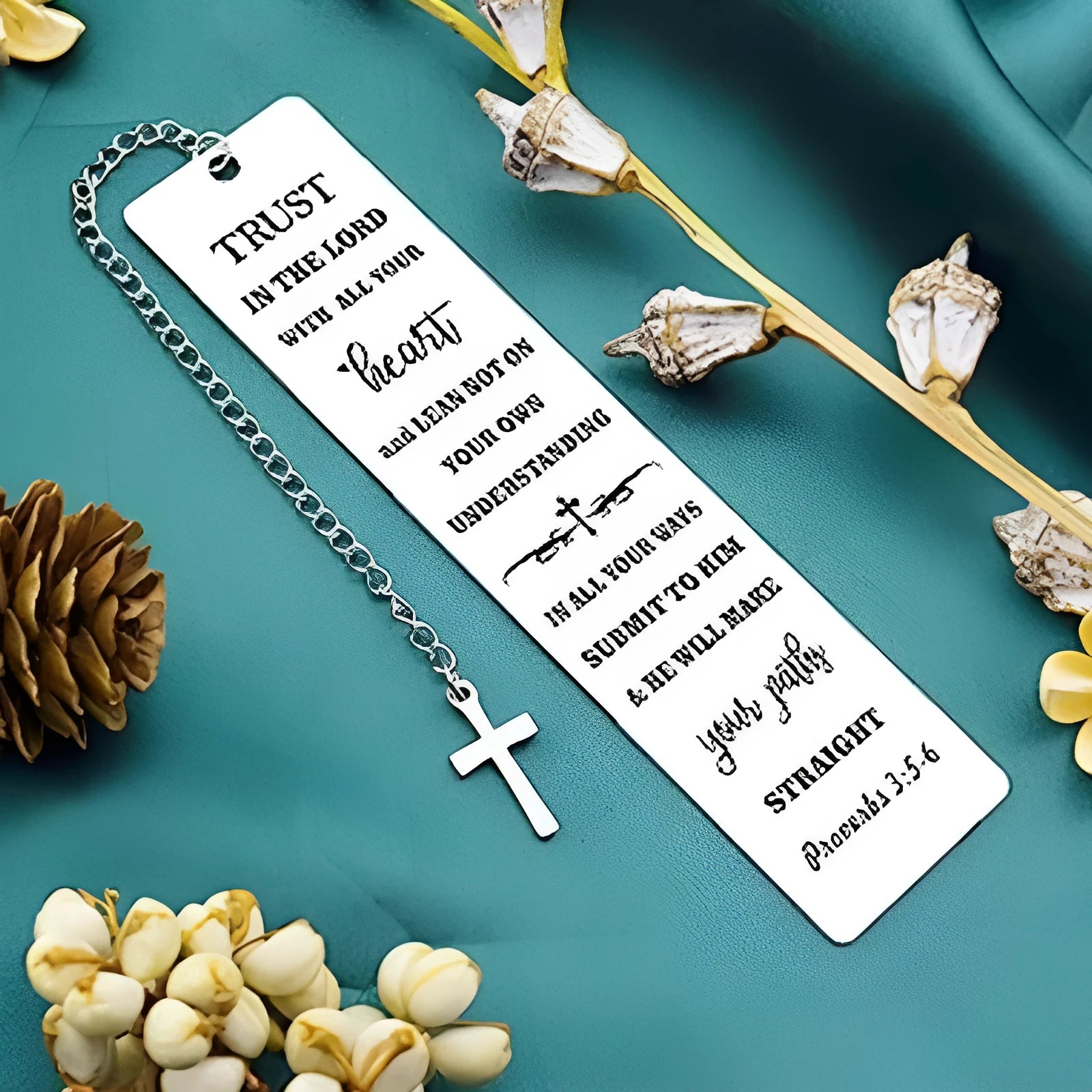 Stainless steel bookmark with engraved text in European style design