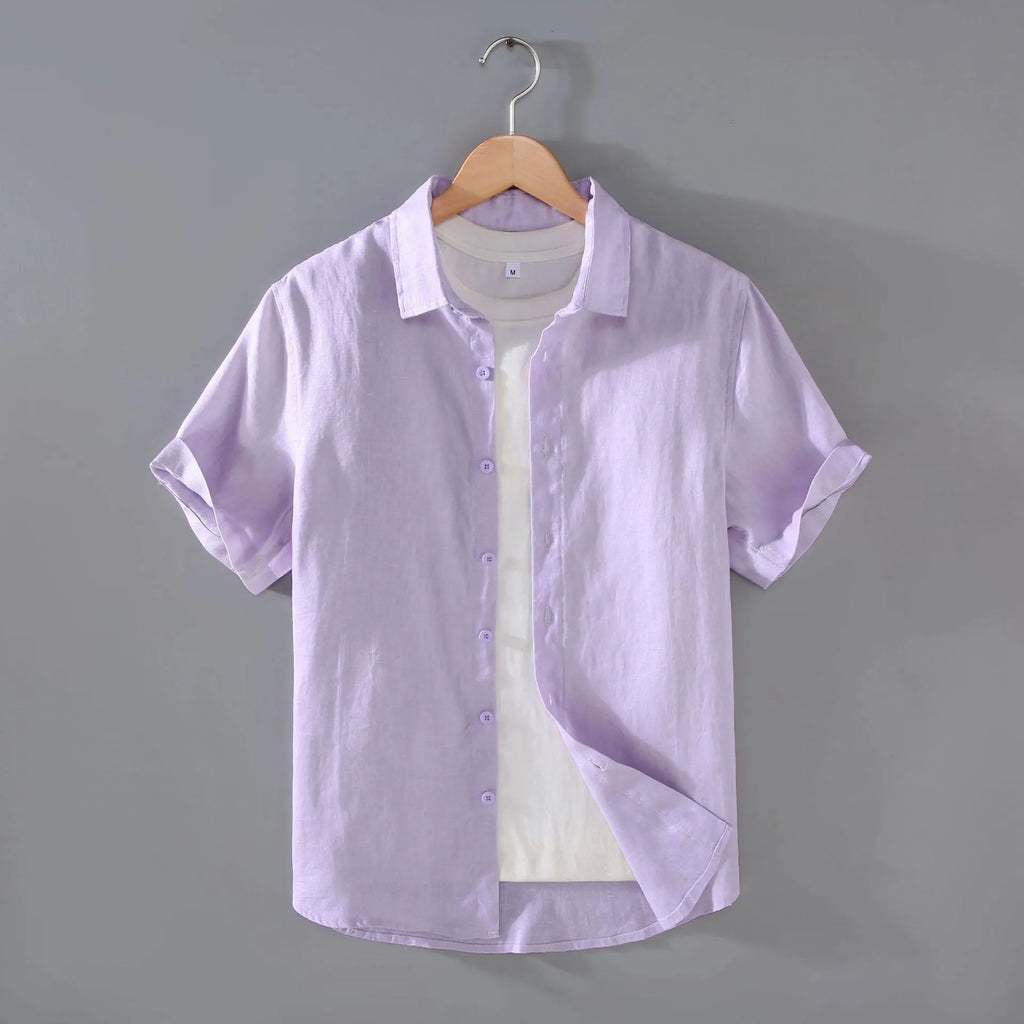 Men's casual short-sleeved linen shirt in cardigan style showing colour options including apricot, dark red and sky blue