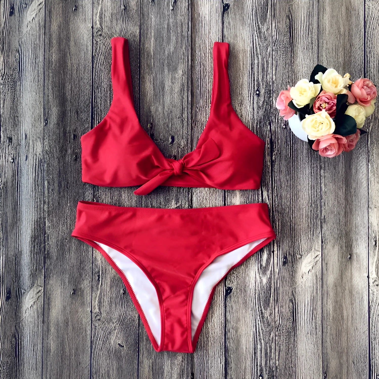 European style women's bikini swimwear set in solid colours with sleeveless design