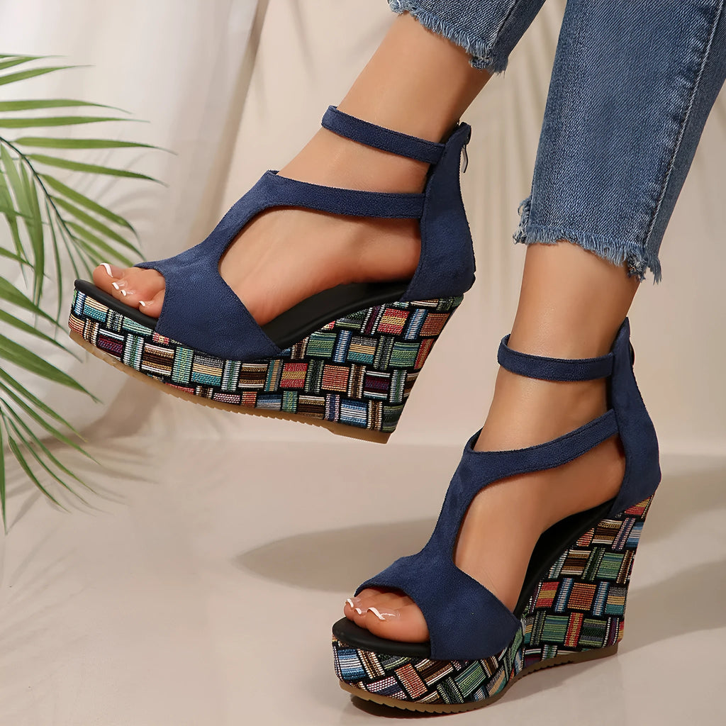 Women's cream white thick-soled ankle-strap buckle sandals with cloth upper and rubber sole.