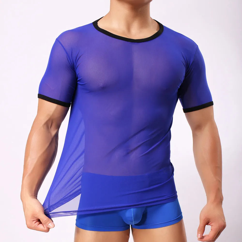 Man wearing a slim fit, transparent mesh short-sleeved T-shirt in a solid colour.