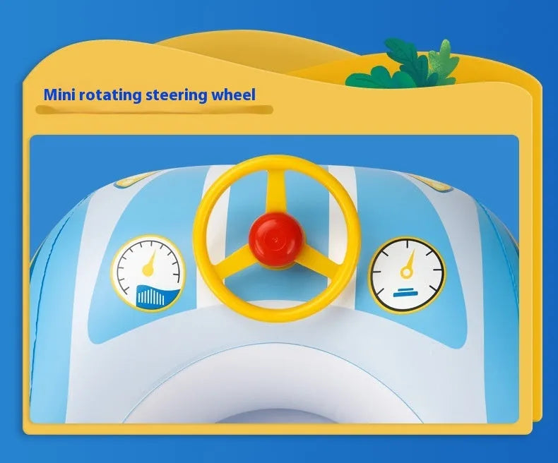 Pink inflatable car-shaped swimming ring for children with a central steering wheel.