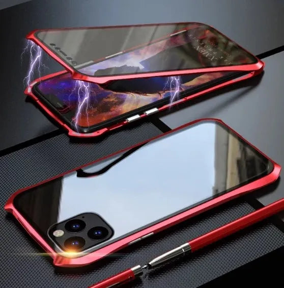 Black metal and glass magnetic protective case for iPhone 11, shown alongside red, blue, and silver colour options.