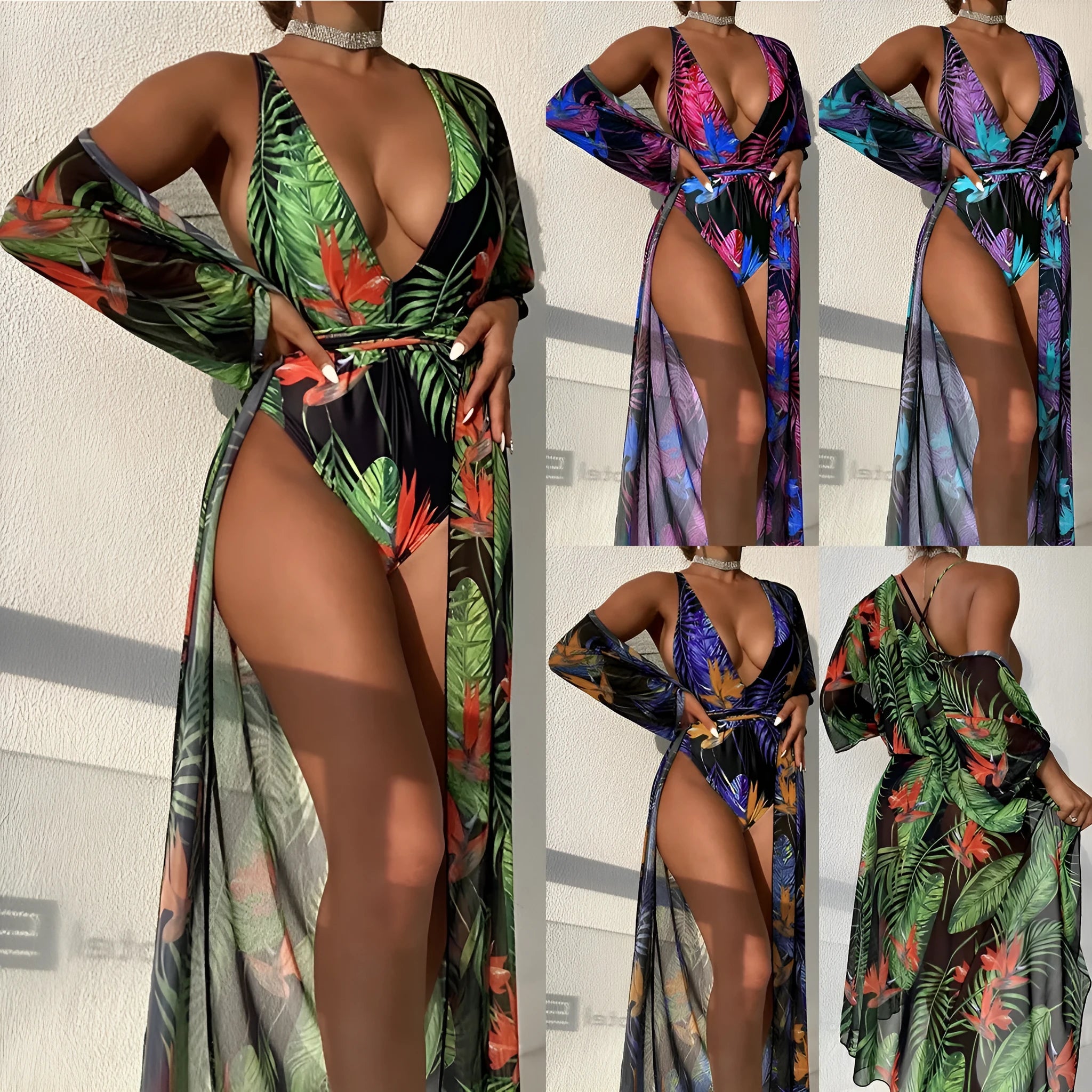 Women's three-piece swimsuit bikini set with cover-up coat in pattern design
