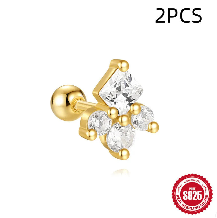 S925 sterling silver flower stud earrings with square gravel setting in golden electroplated finish