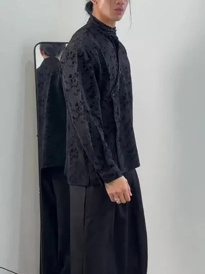 Black jacquard mandarin collar top with asymmetric button placket, regular fit, front view