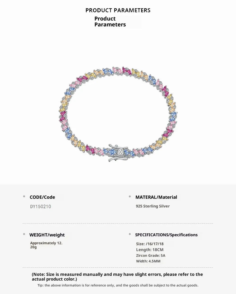 Silver geometric zircon bracelet for women with U-shaped diamond and multi-shape accents, 16-18cm length