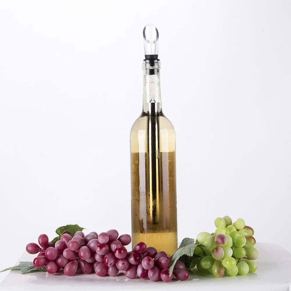 Stainless steel wine bottle cooler stick with acrylic pourer, shown in silver finish.