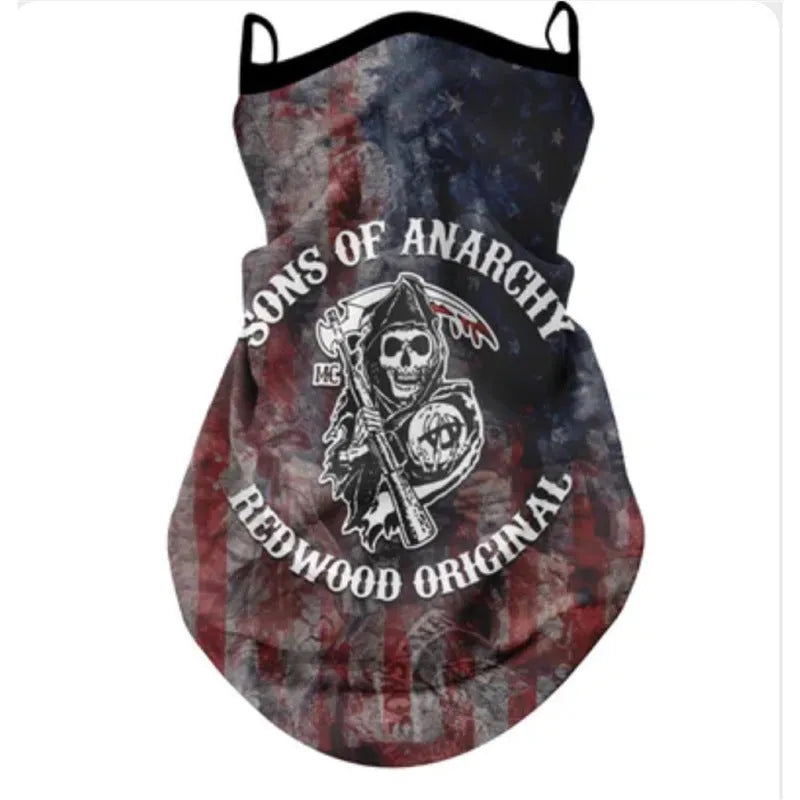 Lycra spandex full face and neck protection sun mask showing skull and floral design options