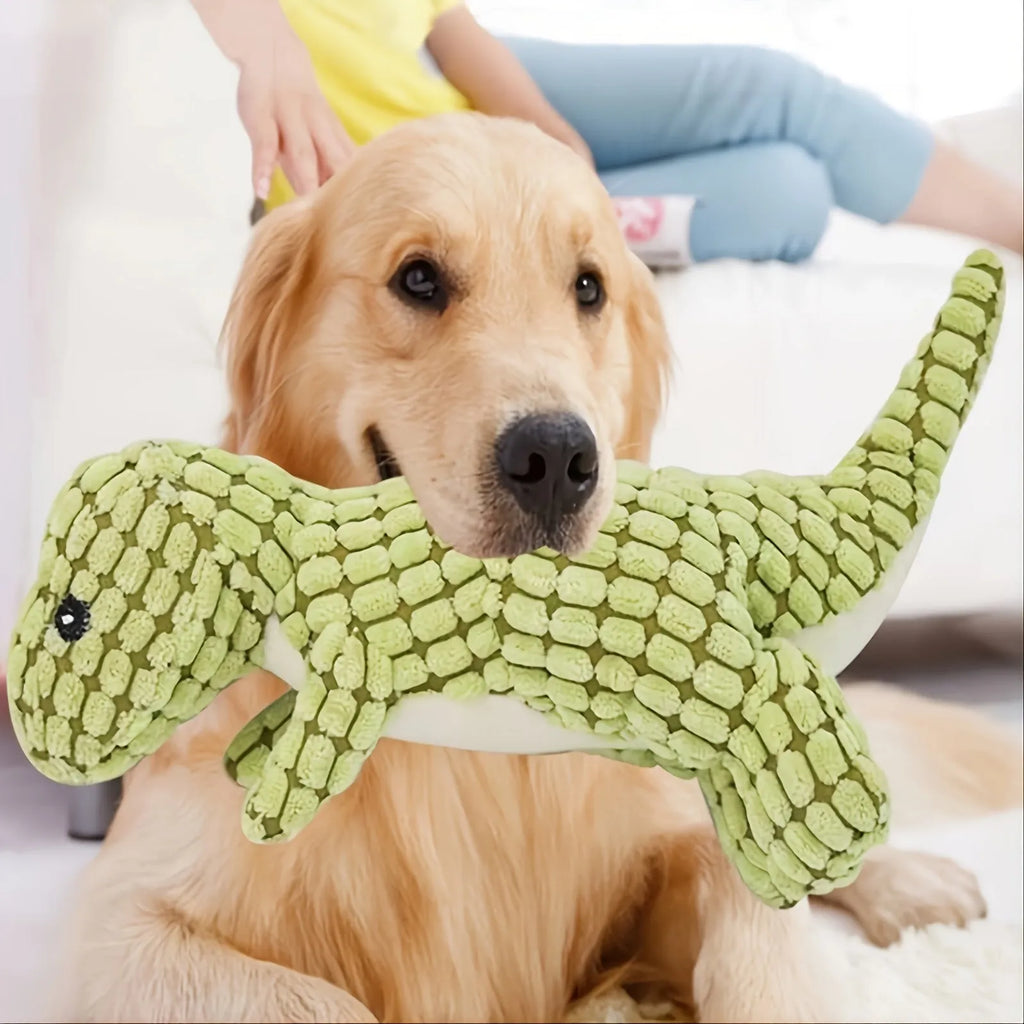 Grey rubber dog chew toy with squeaker measuring 35cm long for bite resistance