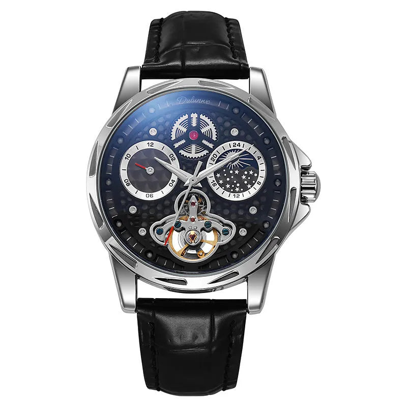 Men's automatic waterproof watch with luminous hands on a black dial with steel bracelet.
