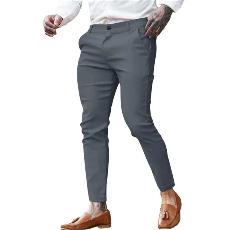 Men's high-stretch cotton-twill slim pencil trousers in solid colour, mid waist with zipper fly