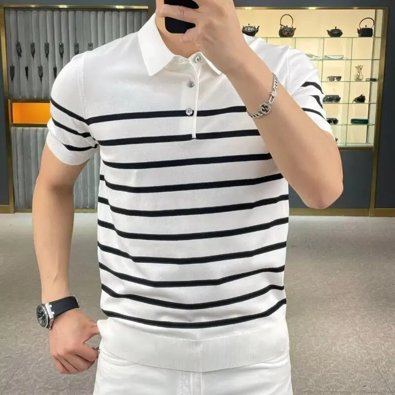Striped lapel knitted T-shirt in polyester blend available in black or white colours