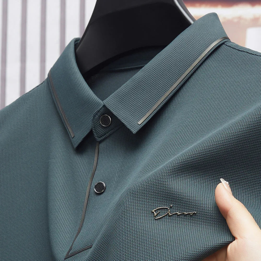Men's ice silk short sleeve shirt collar summer polo shirt, loose fit, solid colour, nylon fabric, casual top