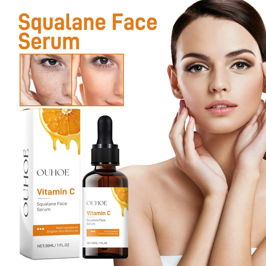 Squalane face serum in a clear PET bottle with ingredients including vitamin C, hyaluronic acid, and collagen
