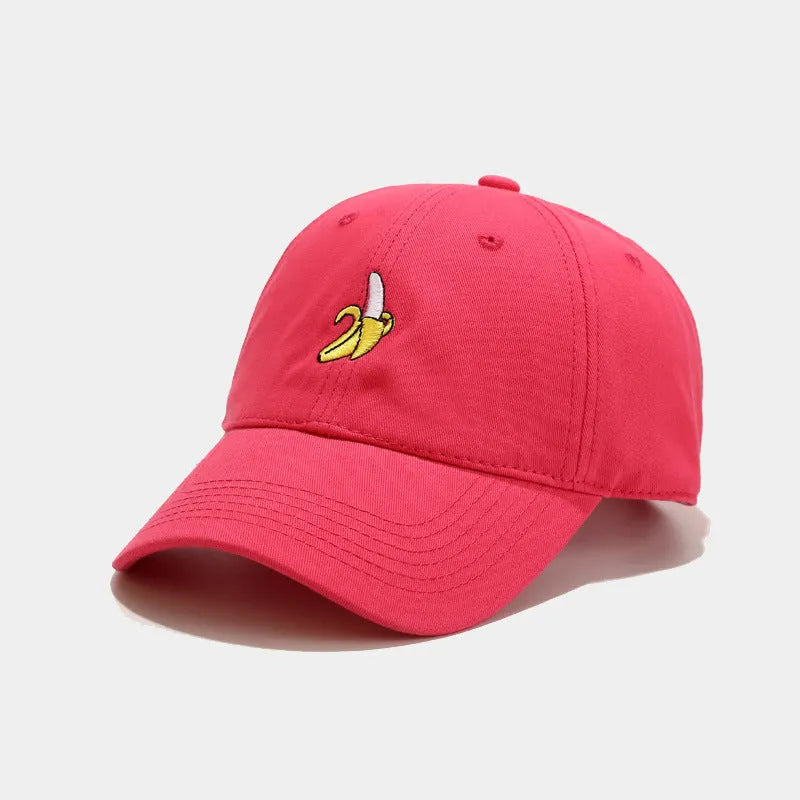 Curved dome crown baseball cap with embroidered banana fruit design in multiple colours