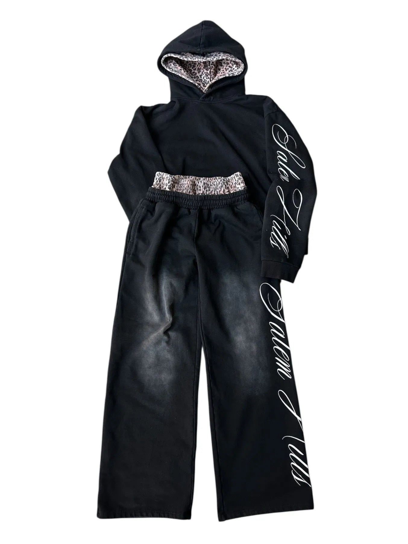 Men's black and white punk print fleece-lined hoodie and joggers loose fit tracksuit set.