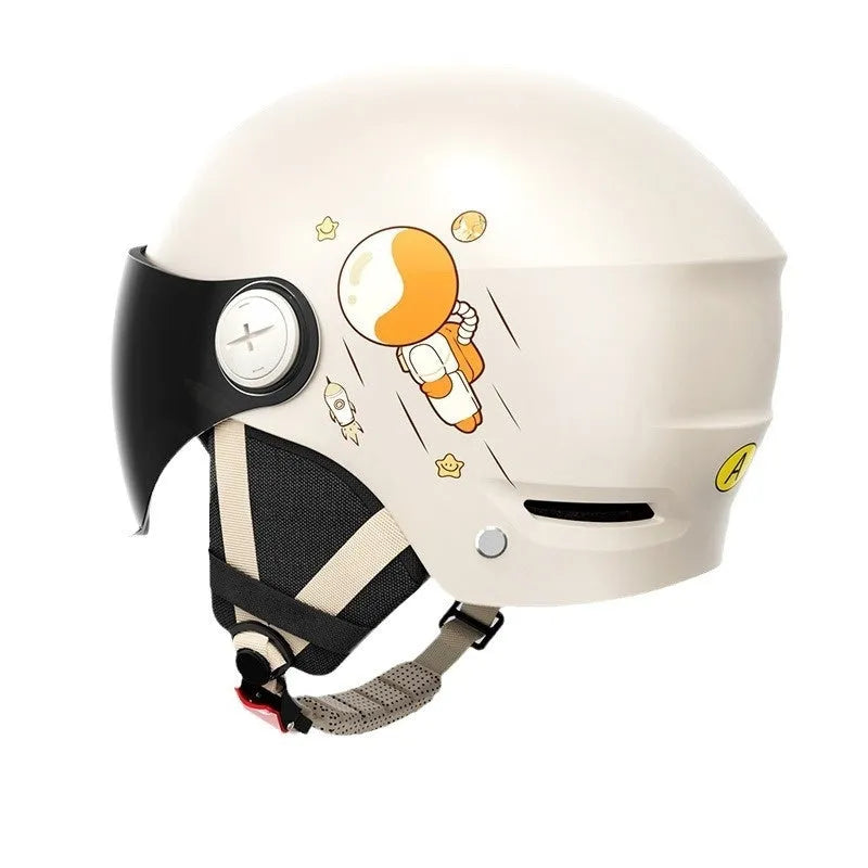 Khaki coloured ABS motorcycle half helmet shown with a choice of attached sun protection or clear visor lenses.