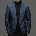Men's black lapel down jacket with side pockets on a grey background