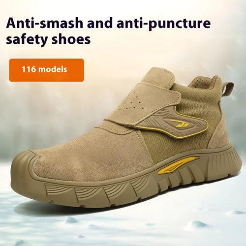Brown leather labour protection safety shoes with rubber sole, shown on a white background.