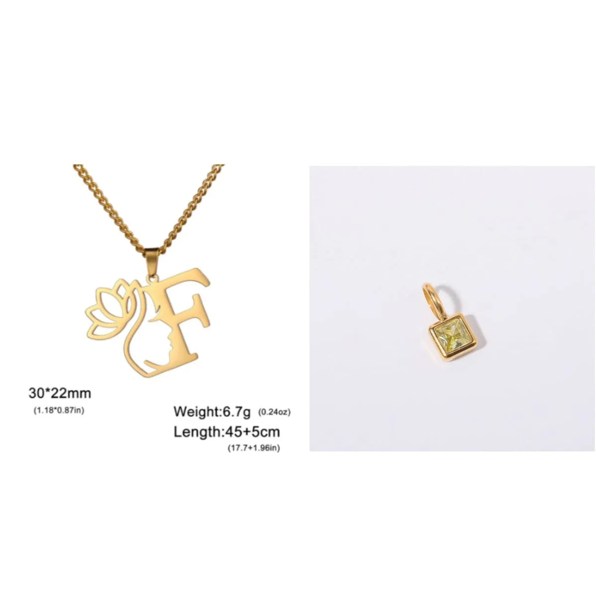 Stainless steel necklace with cross chain and a single initial pendant in a gold or silver finish.