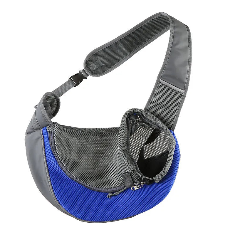 Mesh fabric pet carrier sling with PVC base in seven colours, showing S and L size options