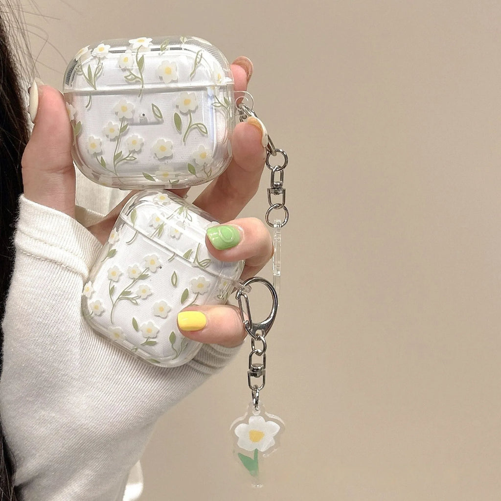 White floral pattern transparent TPU protective case for Apple AirPods wireless earbuds