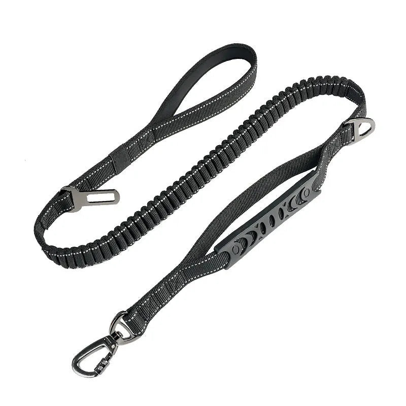 Black retractable reflective nylon traction belt for dogs with hand-held buffer grip