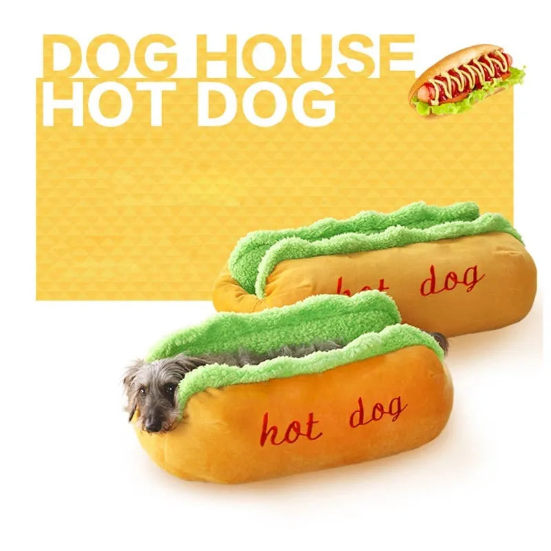 Hot dog shaped pet bed with flannelette mat, jean cloth sides, and anti-slip base for dogs and cats.