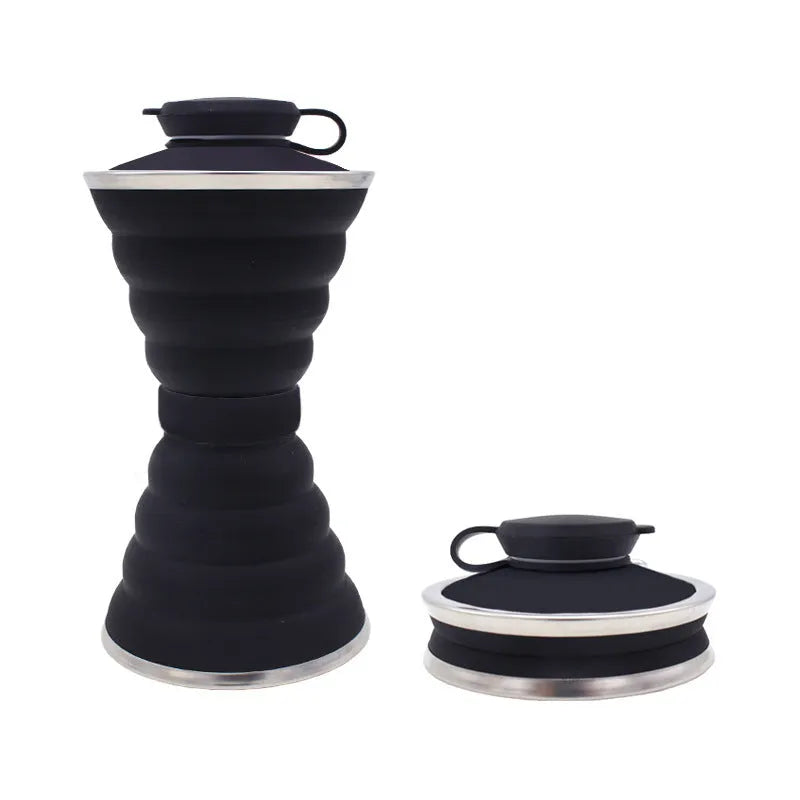 500ml foldable silicone water bottle cup in grey, collapsed to 9.6x4.6cm, with hanging hook and leak-proof lid