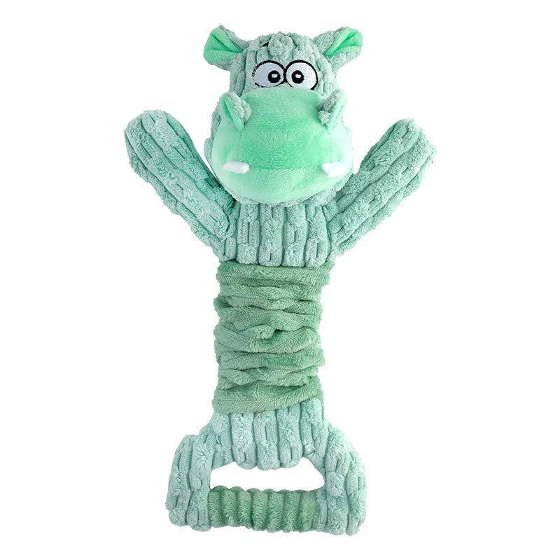 Large squeaky plush dog toy with handle and crinkle paper for interactive play