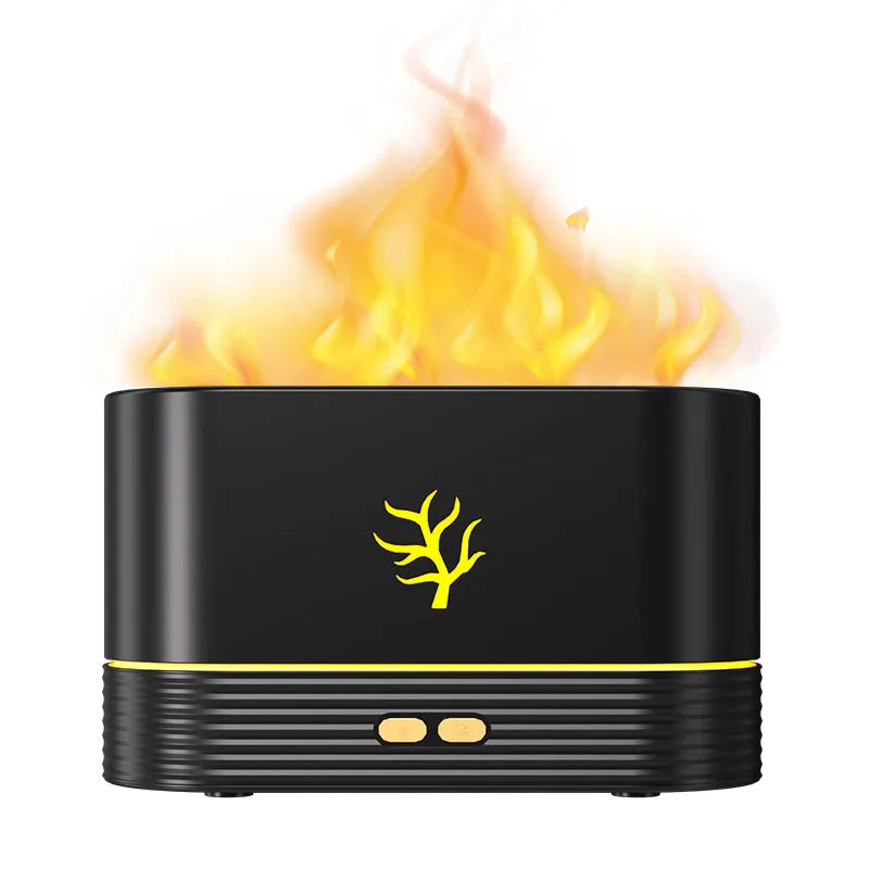 Black round flame aroma diffuser humidifier with LED lighting on wooden surface