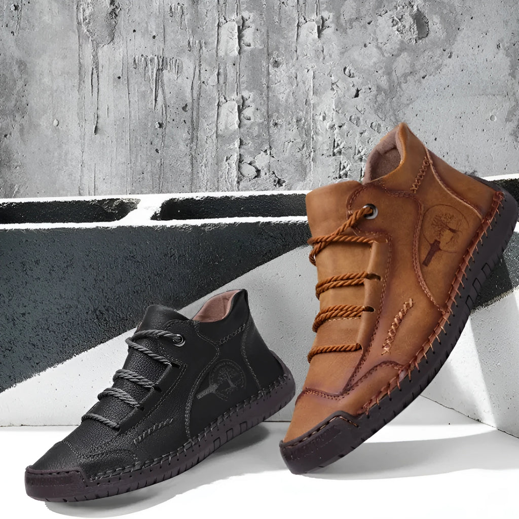 Men's leather high-top work shoes with round toe and lace-up closure in various colours