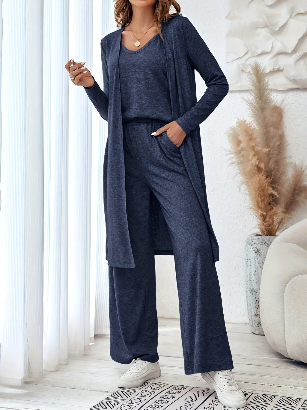 Blue women's three-piece casual suit set with cardigan, top, and trousers