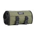 Motorcycle repair tool roll laid flat in black polyester with elastic straps and mesh zipper pocket