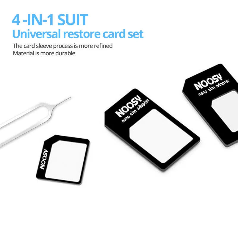 SIM restore four-in-one set with black Nano to Standard adapter and picking pin on white background