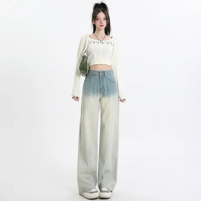Women's gradient blue straight-leg denim trousers with wide leg style on hanger